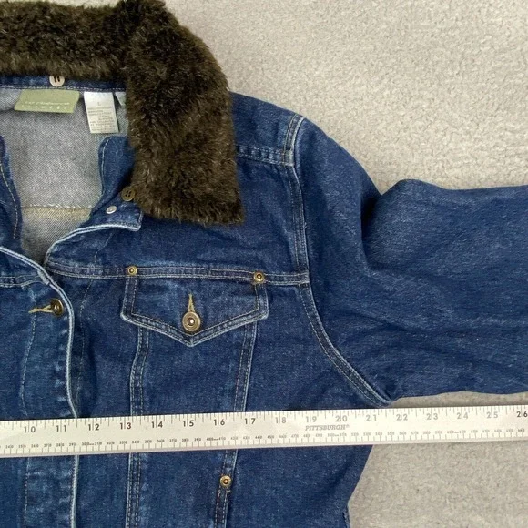 Vintage Jean Jacket Large Women Blue Faux Fur Collar Removeable Heavy EUC - Picture 7 of 15